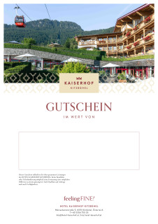 Gutschein mit Bild von einem Hotel in Kitzbühel mit Bergbahn und Bergkulisse im Hintergrund