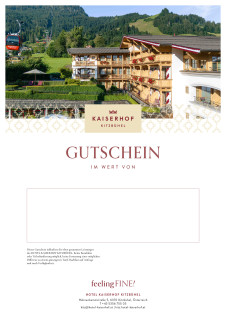 Gutschein mit Bild von einem Hotel in Kitzbühel mit Bergbahn und Bergkulisse im Hintergrund