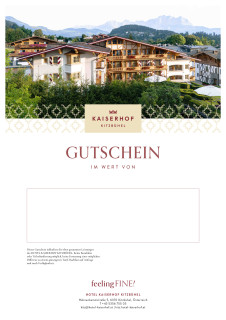 Gutschein mit Bild von einem Hotel in Kitzbühel mit Bergkulisse im Hintergrund