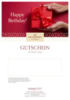 Gutschein mit Bild von einem Geschenk und Schrift Happy Birthday